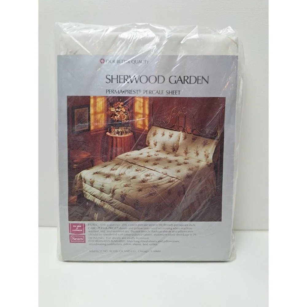 New Sears Sherwood Garden Full Size Flat Sheet Percale Perma Prest Vtg. 1970s